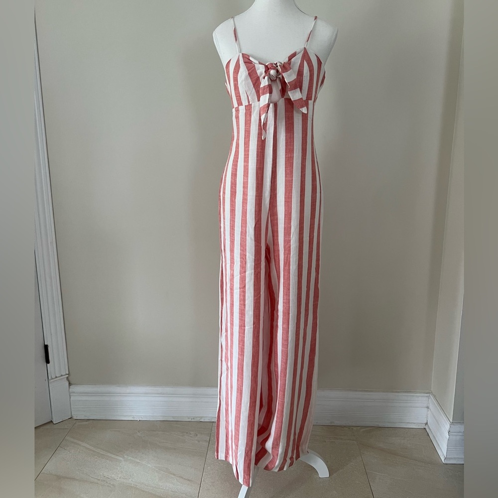 Forever 21 Pink and White Striped Jumpsuit with Tie-Front
